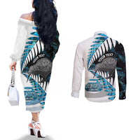 New Zealand Silver Fern Curling Personalised Couples Matching Off The Shoulder Long Sleeve Dress and Long Sleeve Button Shirt Aotearoa Kiwi Ponga Paua Shell Version LT14 - Polynesian Pride
