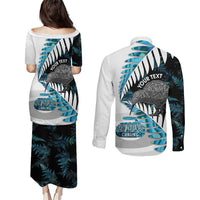 New Zealand Silver Fern Curling Personalised Couples Matching Puletasi and Long Sleeve Button Shirt Aotearoa Kiwi Ponga Paua Shell Version - Polynesian Pride