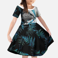 New Zealand Silver Fern Curling Personalised Family Matching Long Sleeve Bodycon Dress and Hawaiian Shirt Aotearoa Kiwi Ponga Paua Shell Version LT14 Daughter's Dress Black - Polynesian Pride
