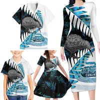 New Zealand Silver Fern Curling Personalised Family Matching Long Sleeve Bodycon Dress and Hawaiian Shirt Aotearoa Kiwi Ponga Paua Shell Version LT14 - Polynesian Pride