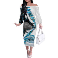 New Zealand Silver Fern Curling Personalised Family Matching Off The Shoulder Long Sleeve Dress and Hawaiian Shirt Aotearoa Kiwi Ponga Paua Shell Version LT14 Mom's Dress Black - Polynesian Pride