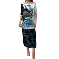 New Zealand Silver Fern Curling Personalised Family Matching Puletasi and Hawaiian Shirt Aotearoa Kiwi Ponga Paua Shell Version LT14 Mom's Dress Black - Polynesian Pride
