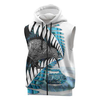 New Zealand Silver Fern Curling Personalised Sleeveless Zip Hoodie Aotearoa Kiwi Ponga Paua Shell Version - Polynesian Pride
