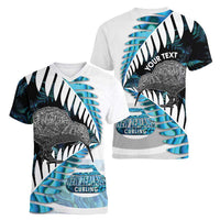 New Zealand Silver Fern Curling Personalised Women V-Neck T-Shirt Aotearoa Kiwi Ponga Paua Shell Version LT14 - Polynesian Pride