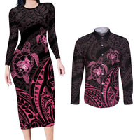 Pink Black Polynesia Floral Sea Turtle Couples Matching Long Sleeve Bodycon Dress and Long Sleeve Button Shirt - Polynesian Pride