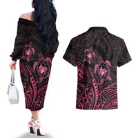 Pink Black Polynesia Floral Sea Turtle Couples Matching Off The Shoulder Long Sleeve Dress and Hawaiian Shirt - Polynesian Pride