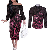 Pink Black Polynesia Floral Sea Turtle Couples Matching Off The Shoulder Long Sleeve Dress and Long Sleeve Button Shirt - Polynesian Pride