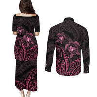 Pink Black Polynesia Floral Sea Turtle Couples Matching Puletasi and Long Sleeve Button Shirt - Polynesian Pride