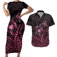 Pink Black Polynesia Floral Sea Turtle Couples Matching Short Sleeve Bodycon Dress and Hawaiian Shirt - Polynesian Pride