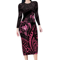 Pink Black Polynesia Floral Sea Turtle Family Matching Long Sleeve Bodycon Dress and Hawaiian Shirt LT14 Mom's Dress Black - Polynesian Pride