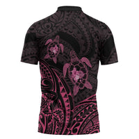 Pink Black Polynesia Floral Sea Turtle Zipper Polo Shirt - Polynesian Pride