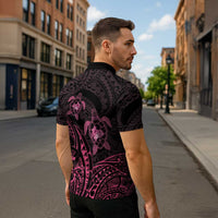 Pink Black Polynesia Floral Sea Turtle Zipper Polo Shirt - Polynesian Pride