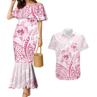 Pink White Polynesia Floral Sea Turtle Couples Matching Mermaid Dress and Hawaiian Shirt - Polynesian Pride