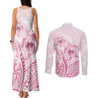 Pink White Polynesia Floral Sea Turtle Couples Matching Tank Maxi Dress and Long Sleeve Button Shirt LT14 - Polynesian Pride