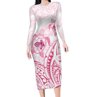 Pink White Polynesia Floral Sea Turtle Family Matching Long Sleeve Bodycon Dress and Hawaiian Shirt LT14 Mom's Dress White - Polynesian Pride