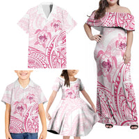 Pink White Polynesia Floral Sea Turtle Family Matching Off Shoulder Maxi Dress and Hawaiian Shirt - Polynesian Pride