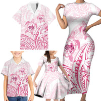Pink White Polynesia Floral Sea Turtle Family Matching Short Sleeve Bodycon Dress and Hawaiian Shirt LT14 - Polynesian Pride