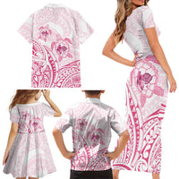Pink White Polynesia Floral Sea Turtle Family Matching Short Sleeve Bodycon Dress and Hawaiian Shirt LT14 - Polynesian Pride