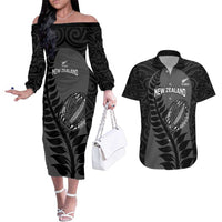 Custom New Zealand Silver Fern Rugby 2025 Couples Matching Off The Shoulder Long Sleeve Dress and Hawaiian Shirt Go Champions Aotearoa Maori Black