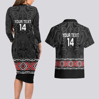 Custom New Zealand Silver Fern Rugby Couples Matching Long Sleeve Bodycon Dress and Hawaiian Shirt All Black Maori Taniko Pattern