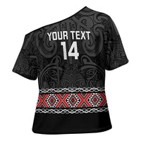 Custom New Zealand Silver Fern Rugby Cross Shoulder Shirt All Black Maori Taniko Pattern - Polynesian Pride