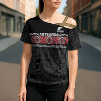 Custom New Zealand Silver Fern Rugby Cross Shoulder Shirt All Black Maori Taniko Pattern - Polynesian Pride