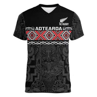 Custom New Zealand Silver Fern Rugby Women V-Neck T-Shirt All Black Maori Taniko Pattern