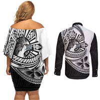 Philippines Eagle Sun Couples Matching Off Shoulder Short Dress and Long Sleeve Button Shirt Filipino Agila Polynesian Tattoo Black Color