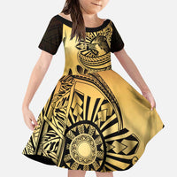 Philippines Eagle Sun Family Matching Short Sleeve Bodycon Dress and Hawaiian Shirt Filipino Agila Polynesian Tattoo Gold Color LT14 Daughter's Dress Gold - Polynesian Pride