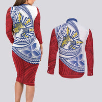 Philippines Eagle Sun Couples Matching Long Sleeve Bodycon Dress and Long Sleeve Button Shirt Filipino Agila Polynesian Tattoo Flag Color