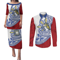 Philippines Eagle Sun Couples Matching Puletasi and Long Sleeve Button Shirt Filipino Agila Polynesian Tattoo Flag Color