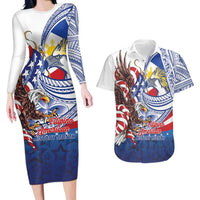 Filipino American History Month Couples Matching Long Sleeve Bodycon Dress and Hawaiian Shirt Philippines Agila USA Eagle Mix Flag LT14 Blue - Polynesian Pride
