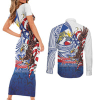 Filipino American History Month Couples Matching Short Sleeve Bodycon Dress and Long Sleeve Button Shirt Philippines Agila USA Eagle Mix Flag LT14 - Polynesian Pride