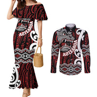 Personalised Aotearoa Bulldog Couples Matching Mermaid Dress and Long Sleeve Button Shirt New Zealand Maori Taniko Art LT14 Red - Polynesian Pride