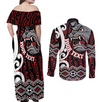 Personalised Aotearoa Bulldog Couples Matching Off Shoulder Maxi Dress and Long Sleeve Button Shirt New Zealand Maori Taniko Art LT14 - Polynesian Pride