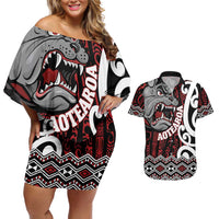 Personalised Aotearoa Bulldog Couples Matching Off Shoulder Short Dress and Hawaiian Shirt New Zealand Maori Taniko Art
