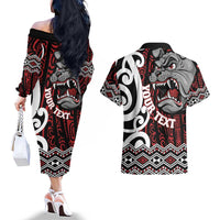 Personalised Aotearoa Bulldog Couples Matching Off The Shoulder Long Sleeve Dress and Hawaiian Shirt New Zealand Maori Taniko Art