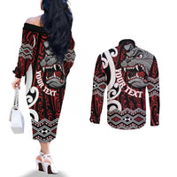 Personalised Aotearoa Bulldog Couples Matching Off The Shoulder Long Sleeve Dress and Long Sleeve Button Shirt New Zealand Maori Taniko Art LT14 - Polynesian Pride