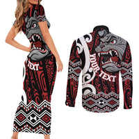 Personalised Aotearoa Bulldog Couples Matching Short Sleeve Bodycon Dress and Long Sleeve Button Shirt New Zealand Maori Taniko Art LT14 - Polynesian Pride