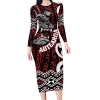 Personalised Aotearoa Bulldog Long Sleeve Bodycon Dress New Zealand Maori Taniko Art LT14 Long Dress Red - Polynesian Pride