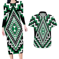 Green Aotearoa Taniko Poutama Patikitiki Couples Matching Long Sleeve Bodycon Dress and Hawaiian Shirt