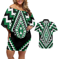 Green Aotearoa Taniko Poutama Patikitiki Couples Matching Off Shoulder Short Dress and Hawaiian Shirt