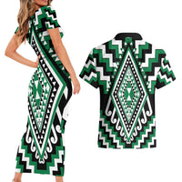 Green Aotearoa Taniko Poutama Patikitiki Couples Matching Short Sleeve Bodycon Dress and Hawaiian Shirt
