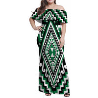 Green Aotearoa Taniko Poutama Patikitiki Family Matching Off Shoulder Maxi Dress and Hawaiian Shirt LT14 Mom's Dress Green - Polynesian Pride