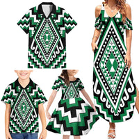 Green Aotearoa Taniko Poutama Patikitiki Family Matching Summer Maxi Dress and Hawaiian Shirt