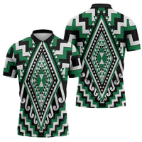 Green New Zealand Taniko Poutama Patikitiki Zipper Polo Shirt - Polynesian Pride