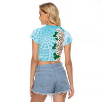 Cook Islands Tiare Maori With Conch Shell Raglan Cropped T Shirt Pasifika Fest Polynesian Tattoo Turquoise