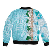 Cook Islands Tiare Maori With Conch Shell Sleeve Zip Bomber Jacket Pasifika Fest Polynesian Tattoo Turquoise