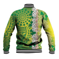 Cook Islands Tiare Maori With Conch Shell Baseball Jacket Pasifika Fest Polynesian Tattoo Green
