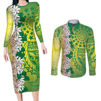 Cook Islands Tiare Maori With Conch Shell Couples Matching Long Sleeve Bodycon Dress and Long Sleeve Button Shirt Pasifika Fest Polynesian Tattoo Green LT14 Green - Polynesian Pride